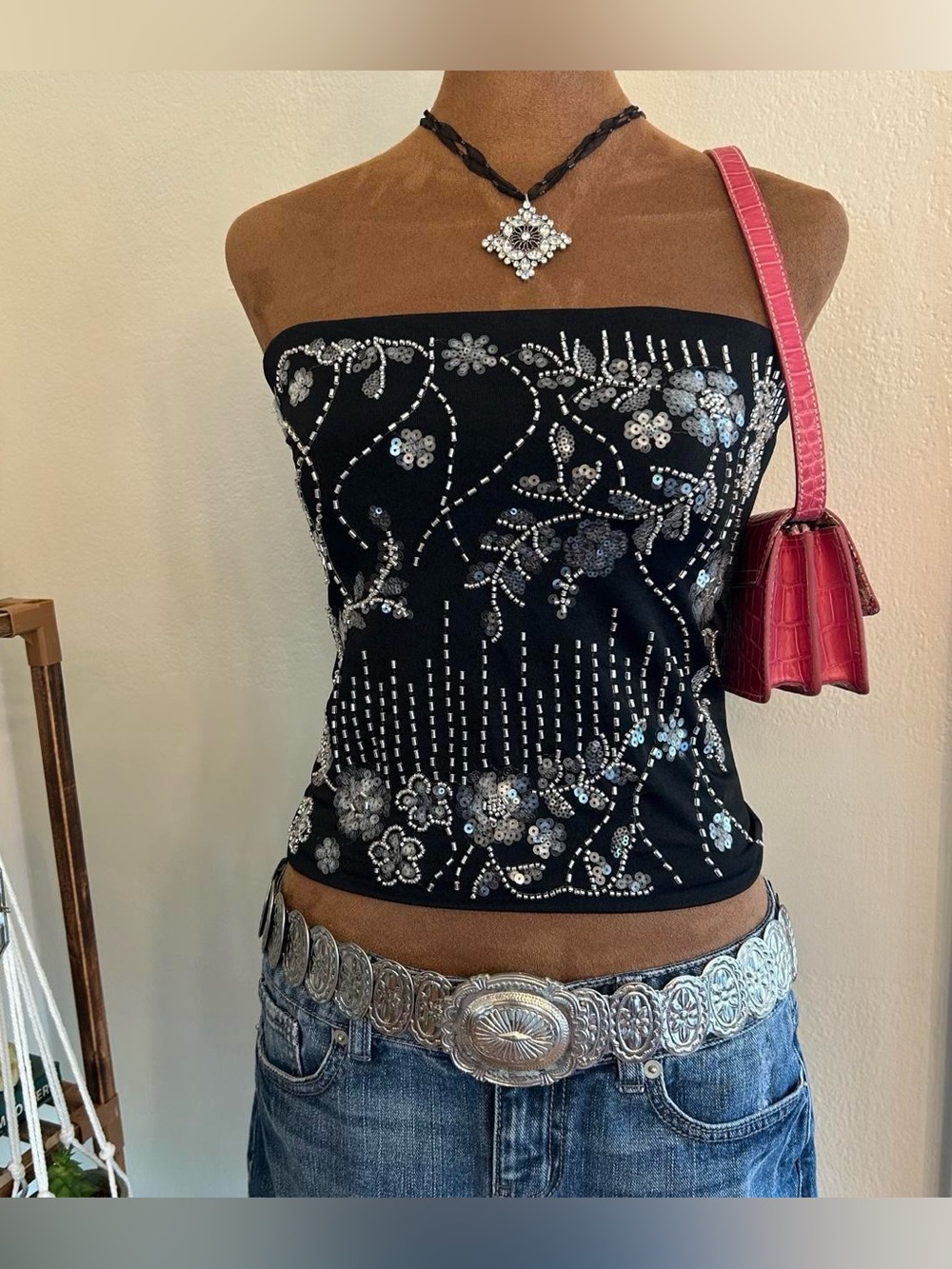 Black + Silver Floral Sequin Embellished Strapless Tube Top by Forever 21